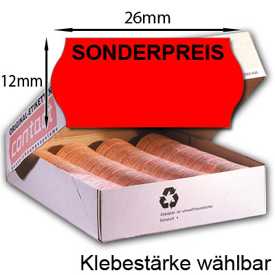 26x12mm Sonderpreisetiketten - neon rote 26x12 Etiketten mit dem Aufdruck SONDERPREIS