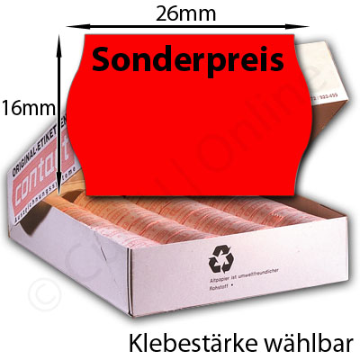 Sonderpreisetiketten 26x16mm, Aufdruck oben: Sonderpreis, Etikettenfarbe rot, Klebestärke nach Wahl