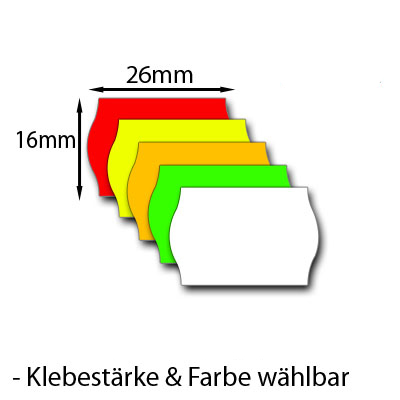 Etiketten für Preisauszeichner 26x16mm mit Wellenrand, Farbe und Klebestärke nach Wahl