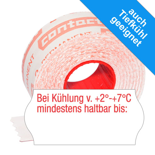 26x12mm MHD Etiketten mit dem roten Aufdruck "Bei Kühlung von +2°C - +7°C mindestens haltbar bis:" TK-geeignet