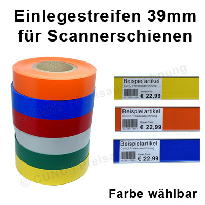 39mm hohe Einlegestreifen, Unterleg-Folie für Scannerschienen, Scannerprofile und Regalleisten