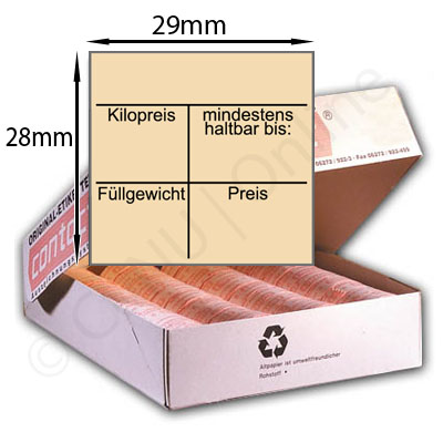 29x28mm Etiketten für Kilopreis - mindestens haltbar bis - Füllgewicht und Preis, Farbe: beige, Klebestärke: gut klebend
