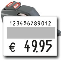 großer Abdruck und 12-stellige Nummer auf Preisetiketten, "contact premium 3728-1206 A", Auszeichner für großen Aufdruck