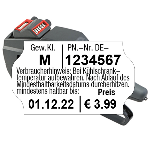 contact Preisauszeichner für Eier -Kartons, MHD, Packstellennummer, Gewichtsklasse und VK-Preis