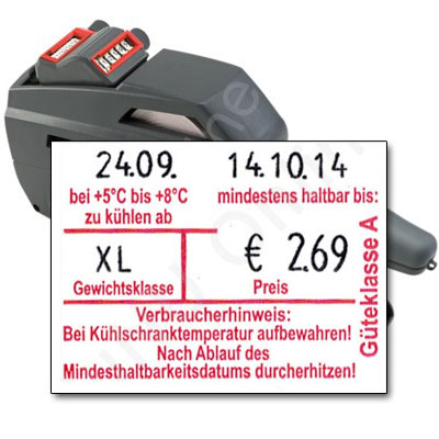 Eierkennzeichnung auf Eierkarton-Etiketten, Auszeichner für Kühldatum, MHD, Güteklasse, Gewichtsklasse