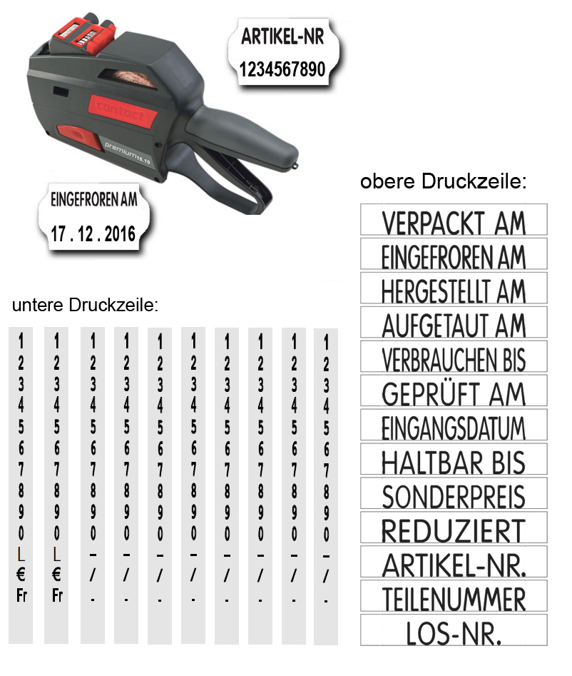 Auszeichner mit Texten: VERPACKT AM, EINGEFROREN AM, HERGESTELLT AM, AUFGETAUT AM uvm., Bild 2