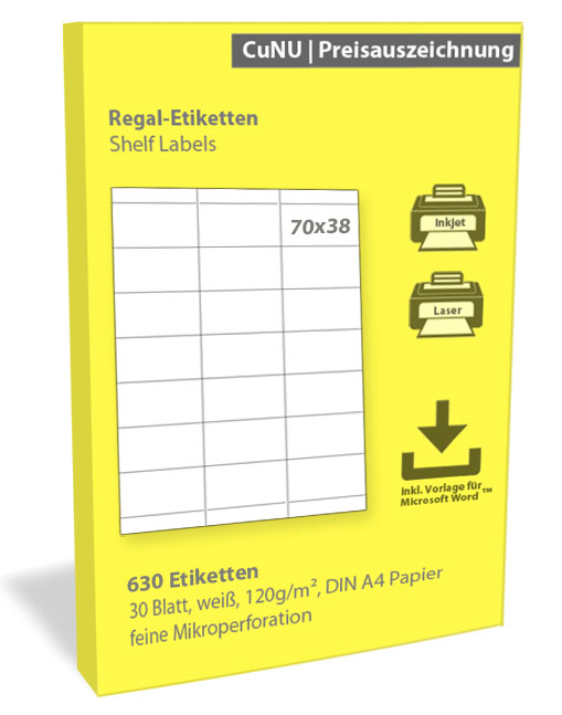 Regaletiketten (Shelf Labels), weiß, 120g/m², 70x38mm - 30 Blatt, 630 Regal-Etiketten