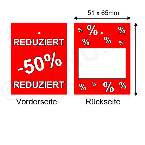 Warenanhänger Kartonetiketten Motiv: "REDUZIERT -50%" VPE=500 Stück