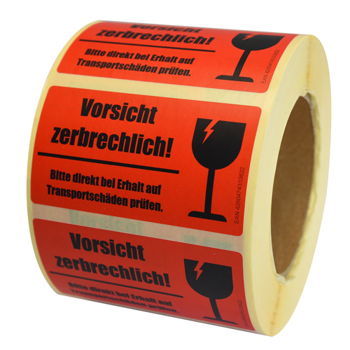Rollenetiketten "Vorsicht zerbrechlich! Bitte direkt bei Erhalt auf Transport-Schäden prüfen."