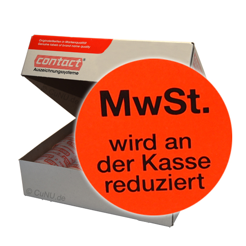 Etiketten mit Aufdruck "MwSt. wird an der Kasse reduziert" - leuchtend roter 33mm Kreis