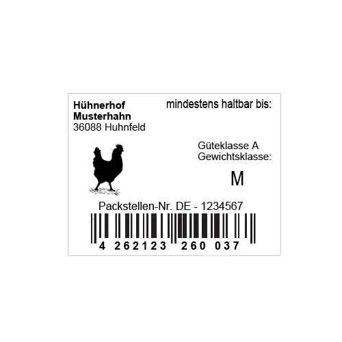 EAN-Code Eieretiketten mit Hofname, MHD, Gew.-Kl., Güteklasse A, Packstellen-Nr.