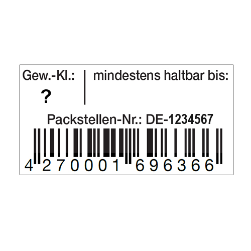 EAN-Code Etiketten für Eier -Schachteln mit Aufdruck der Gewichtsklasse, MHD und Packstelle