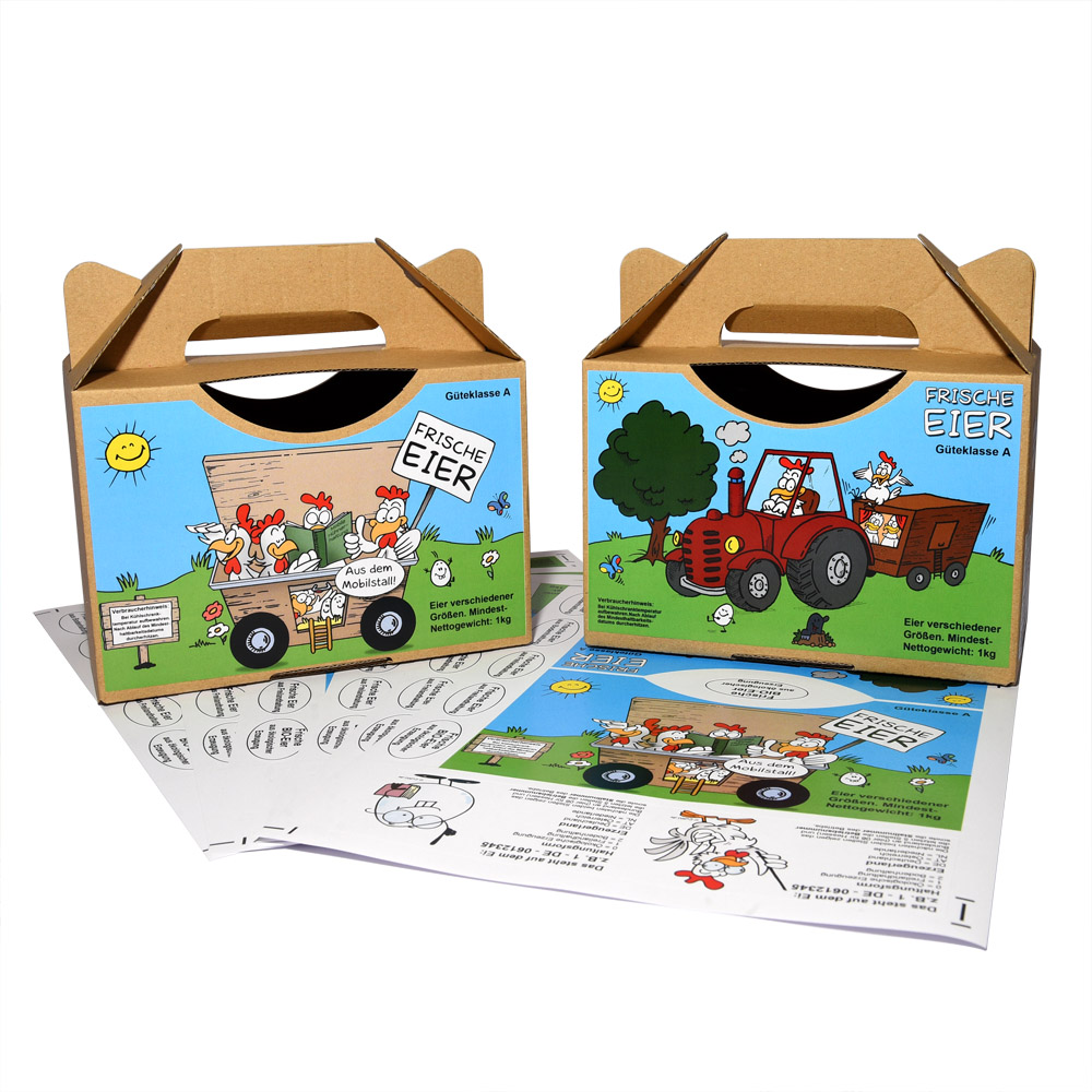 Eierbox Etiketten für 1kg Tragebox - Motiv Mobilstall Cartoon - für alle Haltungsformen