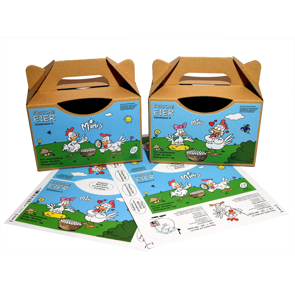 Cartoon Etiketten für 1kg Eier Tragebox - alle Haltungsformen - Motiv: Minis