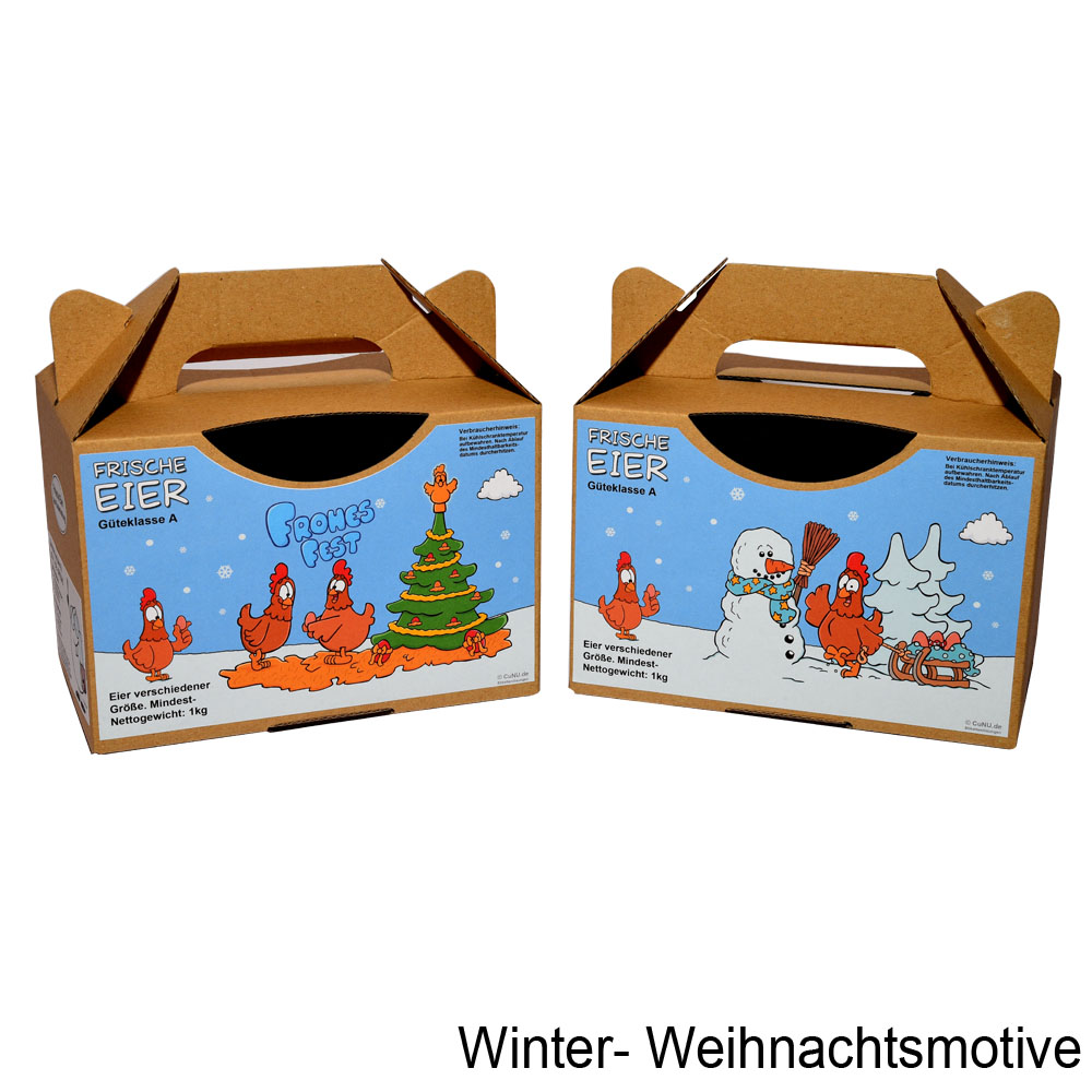 Weihnachts- Wintermotiv- Cartoon Etiketten für 1kg Eier Tragebox - alle Haltungsformen