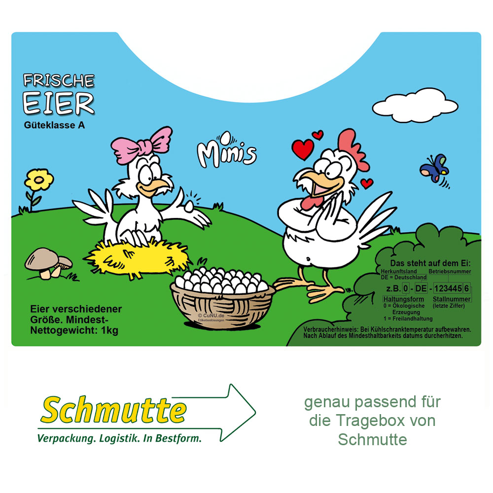 500 Etiketten für den 1kg Eier-Tragekarton von Schmutte - Cartoonmotiv "Minis"