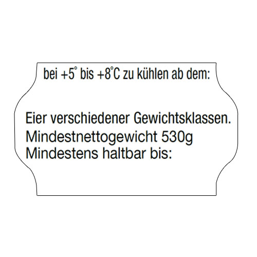 Etiketten für 530g Eier unterschiedlicher Gewichtsklassen mit Kühldatum und MHD