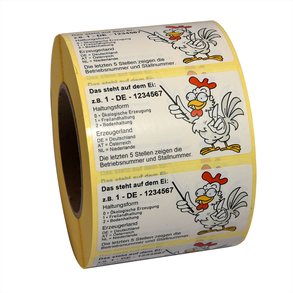 Eiercode-Erklärung, Herkunftssicherung auf 90x50mm Rollenetiketten. Motiv "Ei oder Huhn", Bild 2