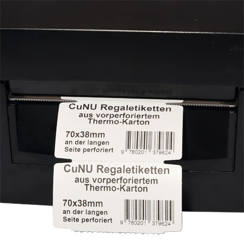 vorperforierter Thermokarton (Regaletiketten) für Thermodrucker, Format 70x38mm, Etiketten mit Seitenkerben