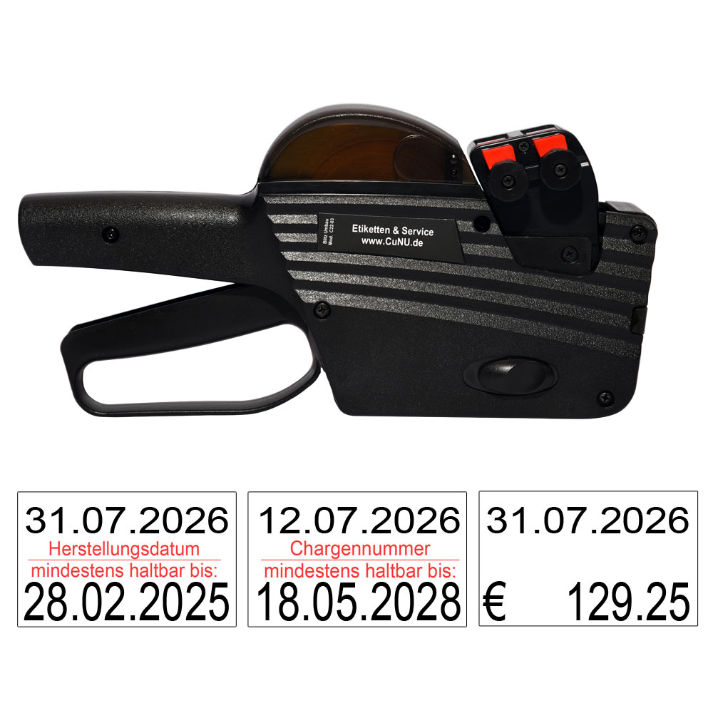Blitz C22-03, modifizierter Profi-Auszeichner, zweizeilig für Preise und Datumsangaben, 26x16mm rechteckig