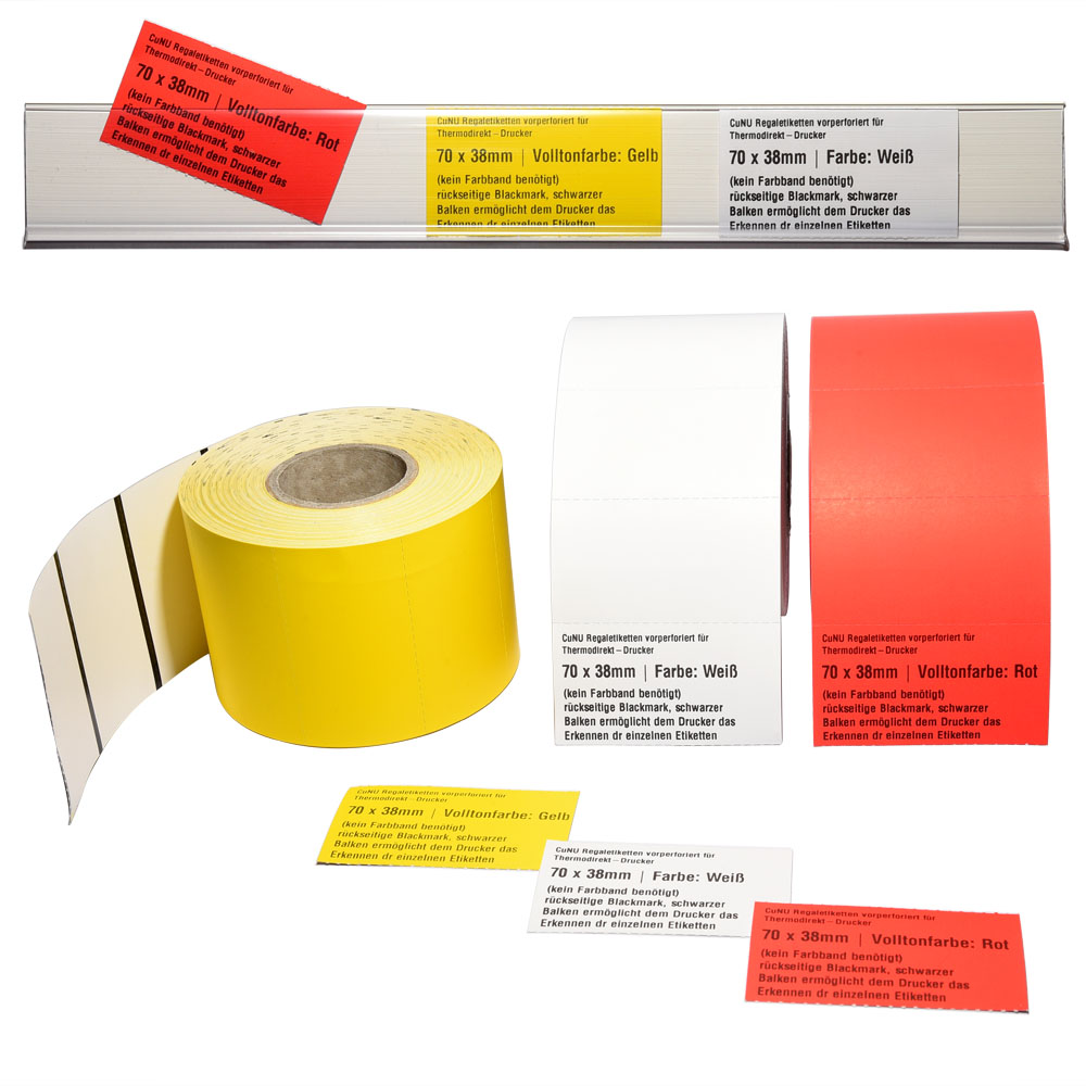 vorperforierte Regaletiketten mit Blackmarks, schwarzen Markierungen / Balken für Thermodrucker