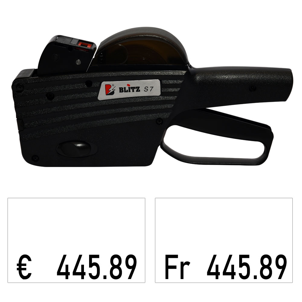 Preisetikettiergerät Blitz S7, Preisangaben in € Euro und Fr Franken