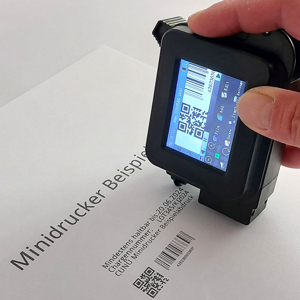 mobiler Mini TIJ-Drucker 12,7mm, mit Touchdisplay - digitaler Stempel für Barcode, EAN, Zählfunktionen uvm.
